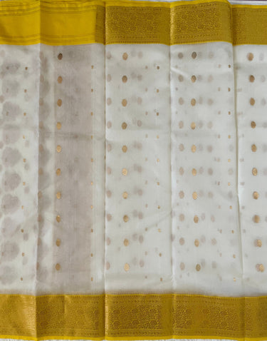 Chanderi Silk saree | Off white with Yellow & Gold Border | Handwoven | Ships from California